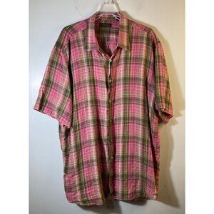Mens Joseph Abboud Linen‎ Short Sleeve Plaid Button Shirt Pink Green 2XL